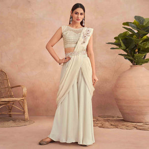 Cream Sequins Embroidered Ready to Wear Poly Satin Saree