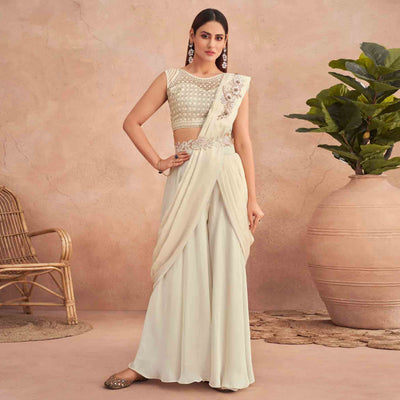 Cream Sequins Embroidered Ready to Wear Poly Satin Saree