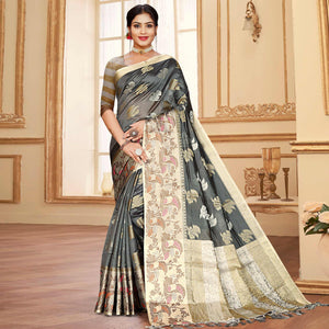 7grey-floral-woven-organza-saree-with-tassels