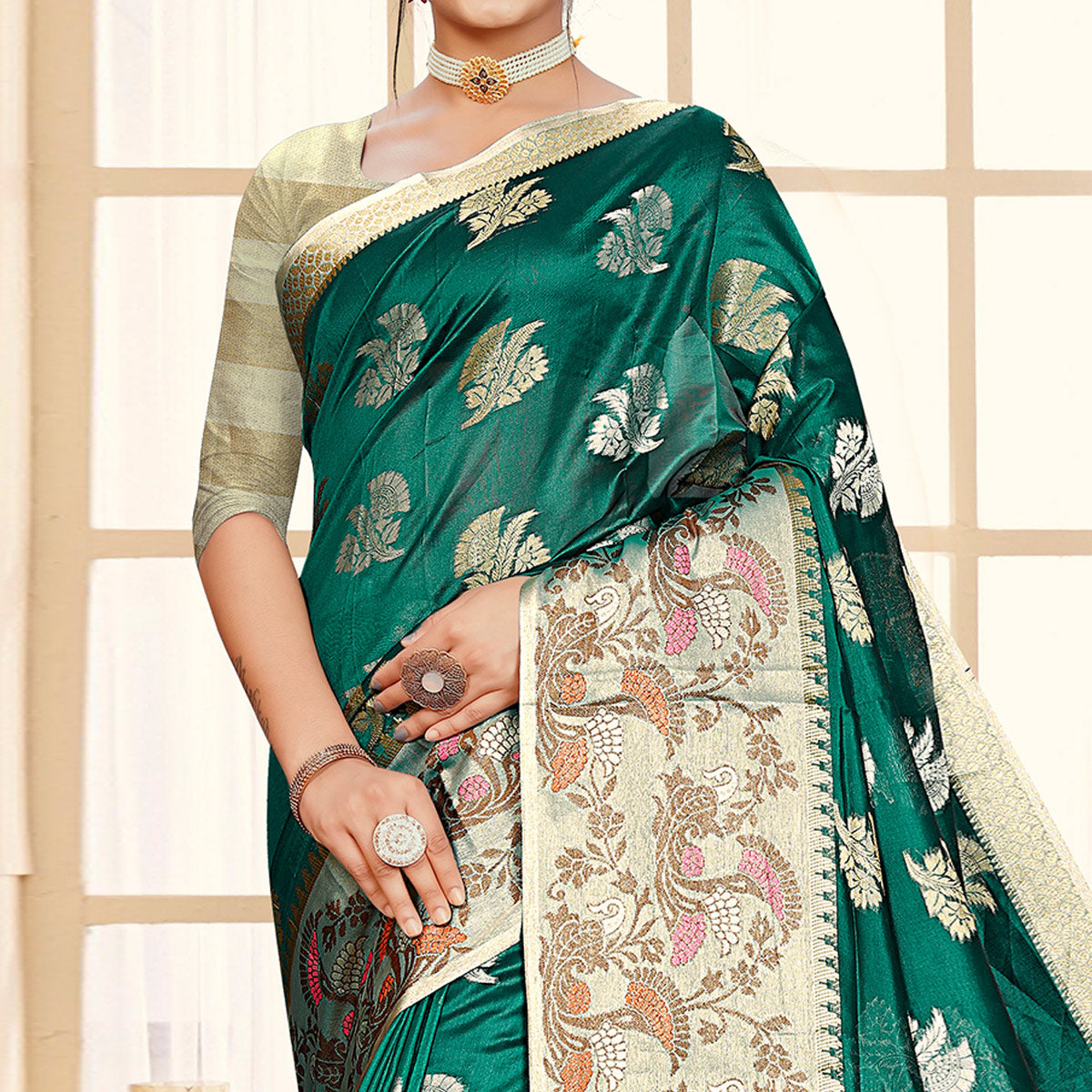 9green-floral-woven-organza-saree-with-tassels