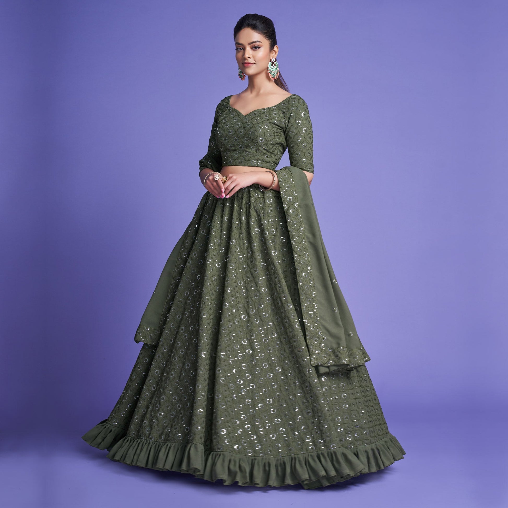 Mahendi Green Sequins Embroidered Georgette Lehenga Choli