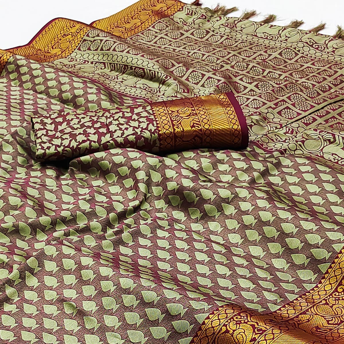 green-woven-cotton-silk-saree-with-tassels-5