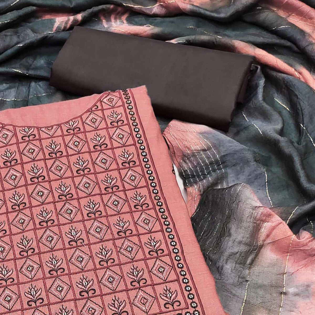 Gajari Pink Embroidered Cotton Blend Dress Material
