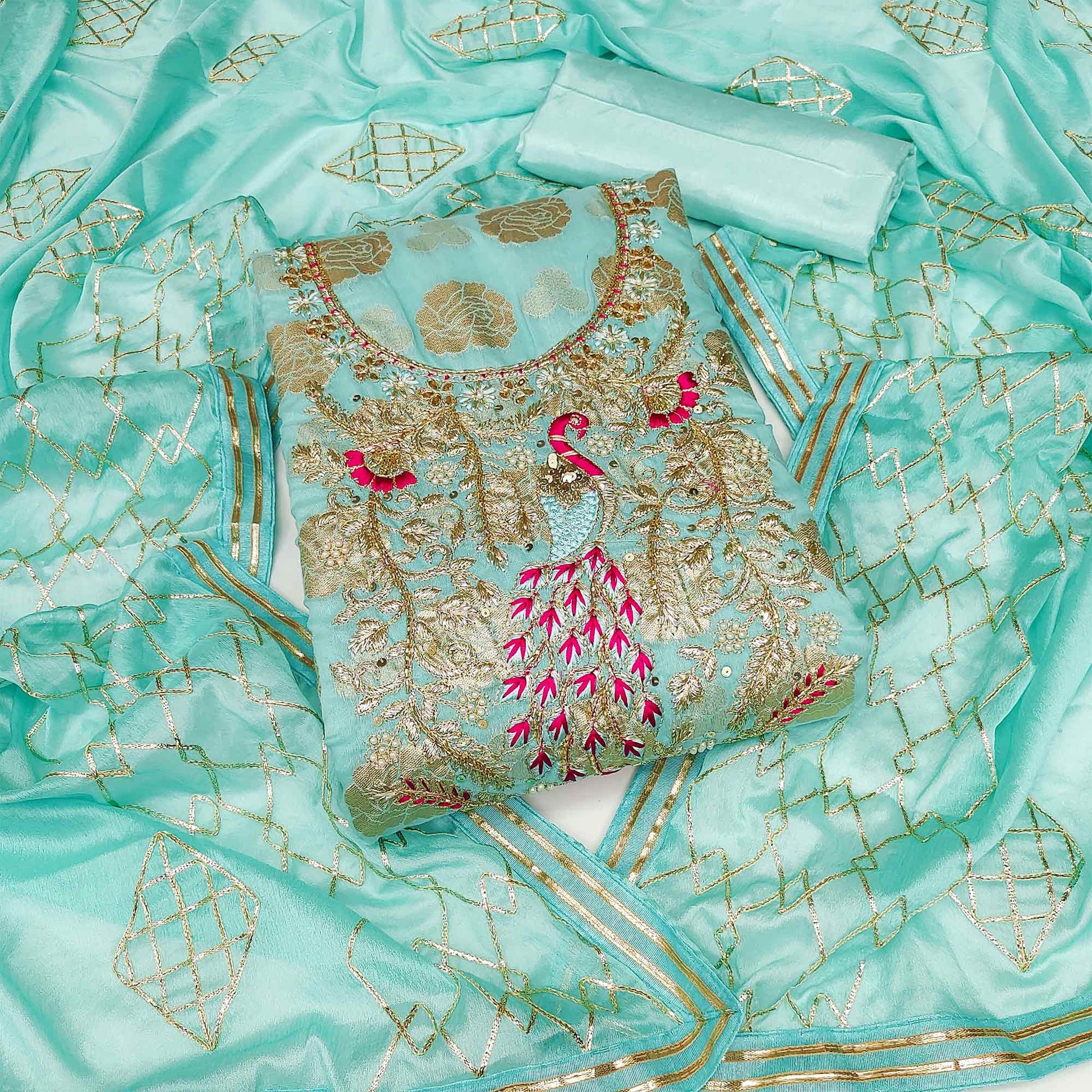Blue Woven Banarasi Silk Dress Material