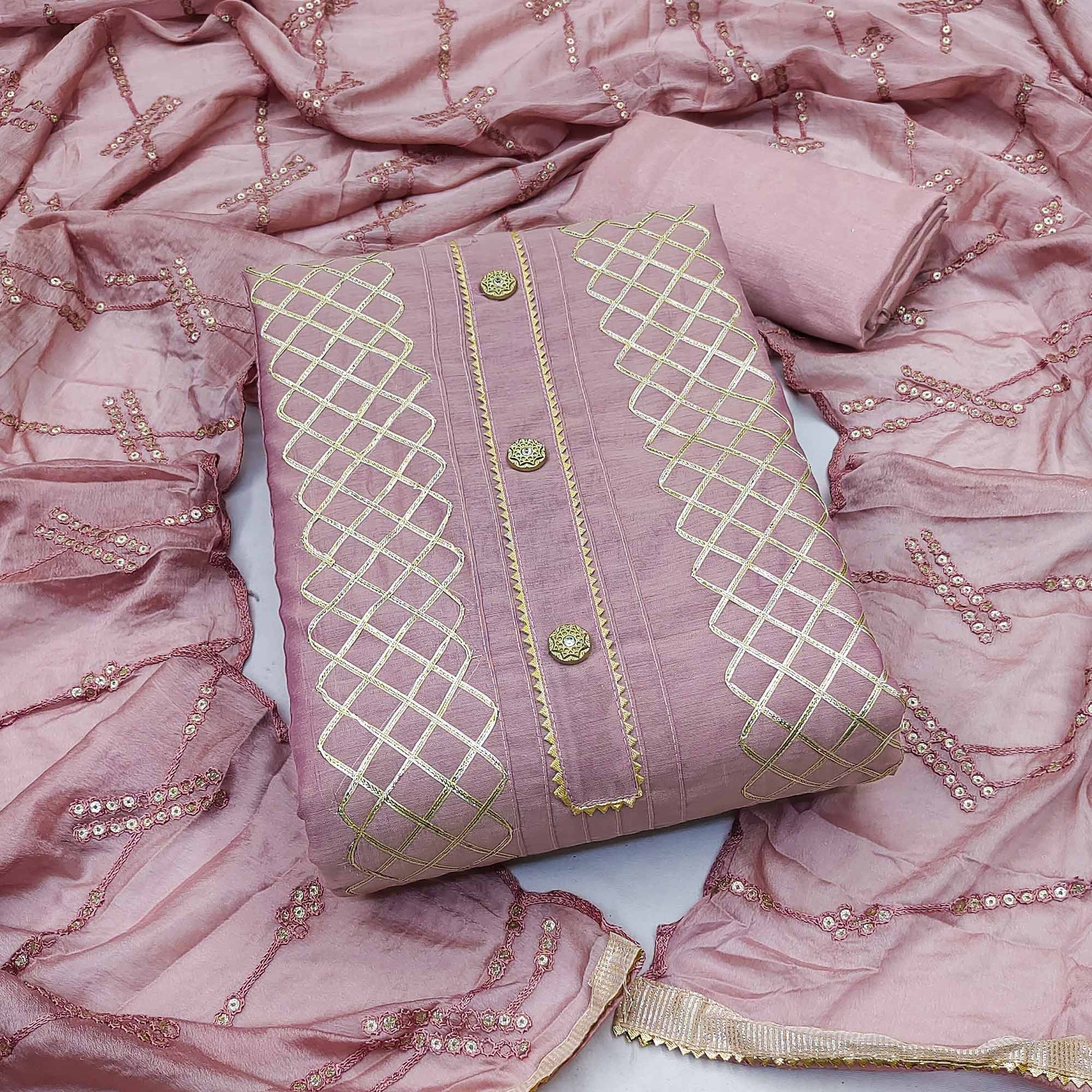 Mauve Gota Work Chanderi Dress Material