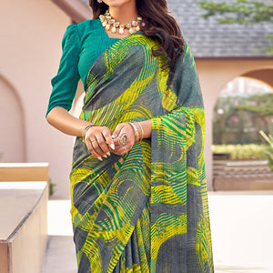 Grey Yellow Printed Chiffon Saree