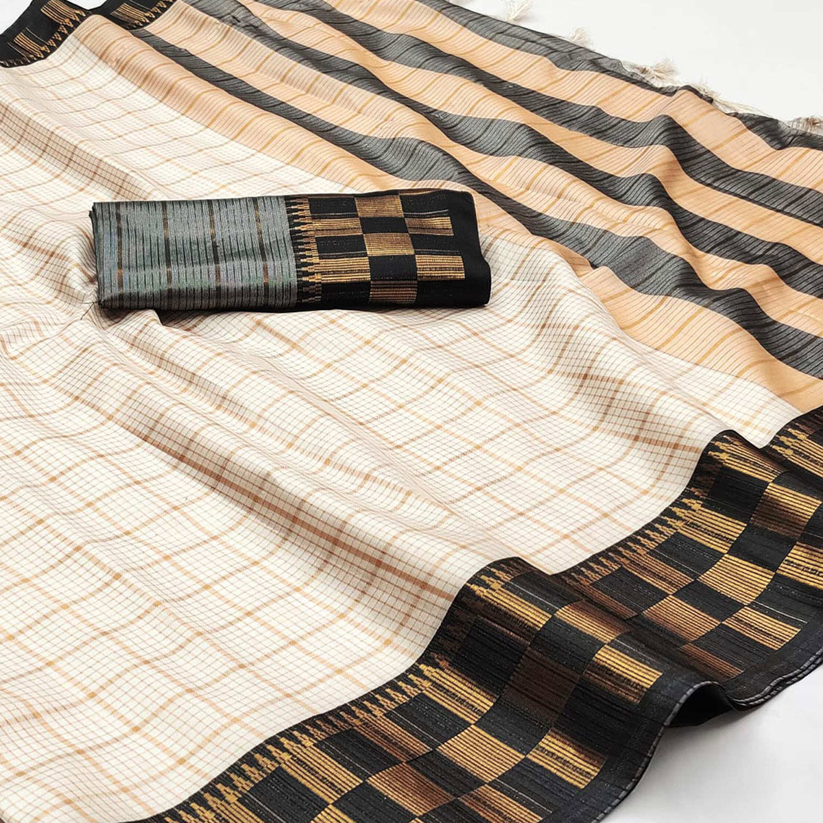 Cream & Black Woven Cotton Silk Saree