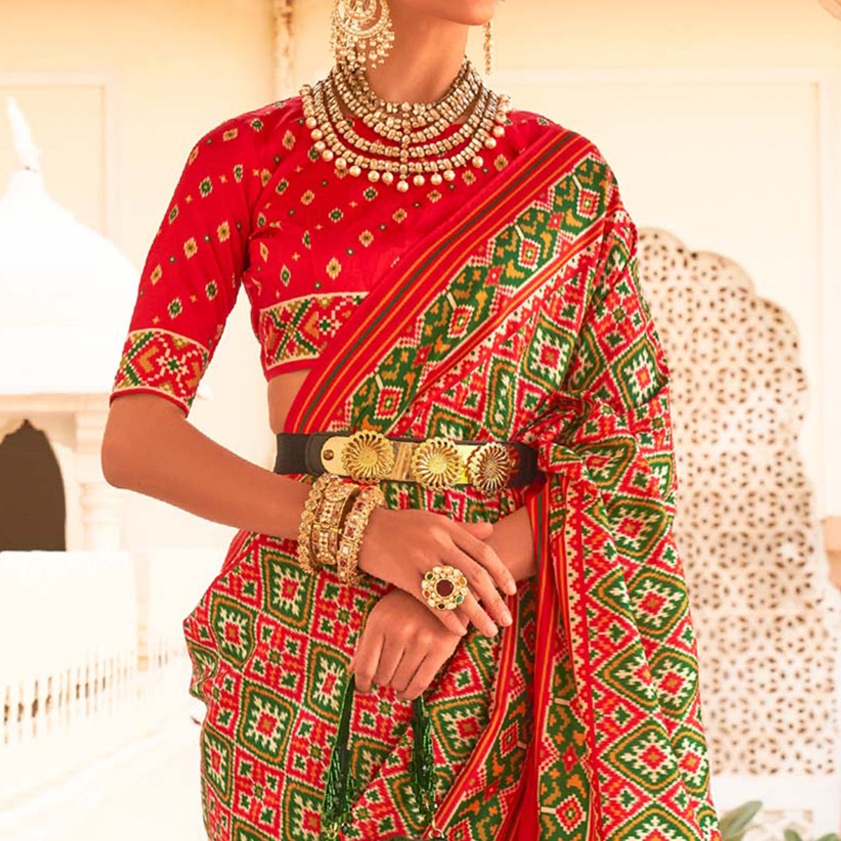 b-green-red-printed-tussar-silk-saree-with-tassels