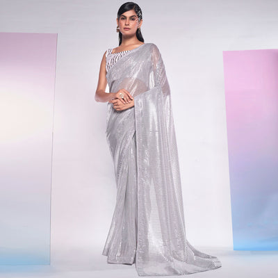 Grey Sequins Embroidered Georgette Saree