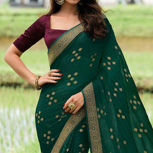 Bottle Green Foil Printed Chiffon Saree