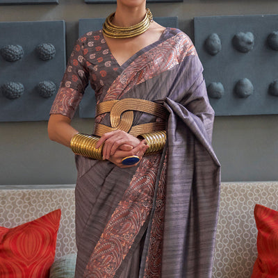 Grey Woven Tussar Silk Saree With Tassels