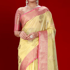 Lemon Yellow Floral Woven Organza Saree With Tassels