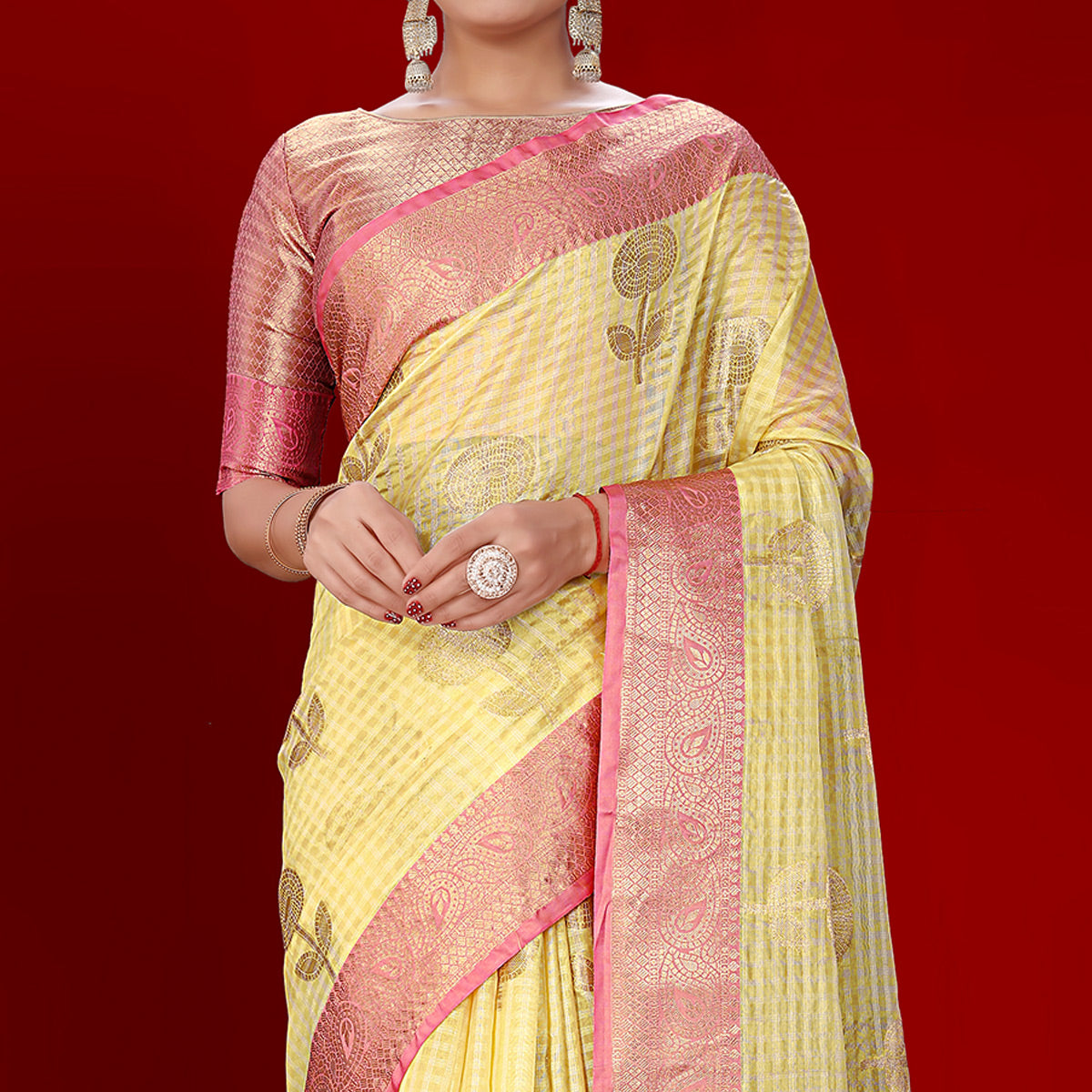 Lemon Yellow Floral Woven Organza Saree With Tassels