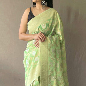 green-floral-woven-linen-saree