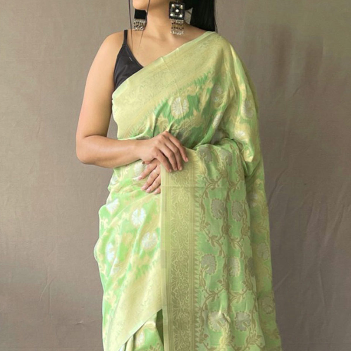 green-floral-woven-linen-saree
