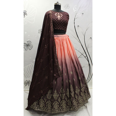 Coffee & Peach Foil Printed Chiffon Lehenga Choli