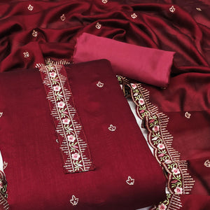 Maroon Floral Embroidered Vichitra Silk Dress Material