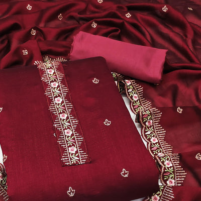 Maroon Floral Embroidered Vichitra Silk Dress Material