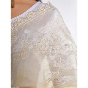 Light Yellow Floral Embroidered Organza Saree
