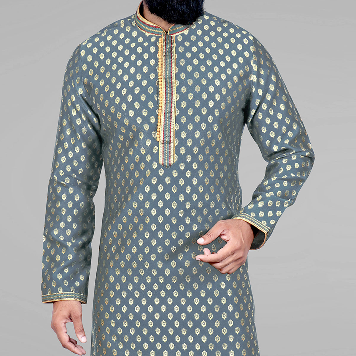 gray-woven-jacquard-kurta-pyjama-set