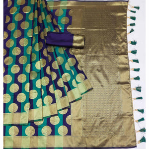 Firozi And Navy Blue Woven Jacquard Saree With Tassels
