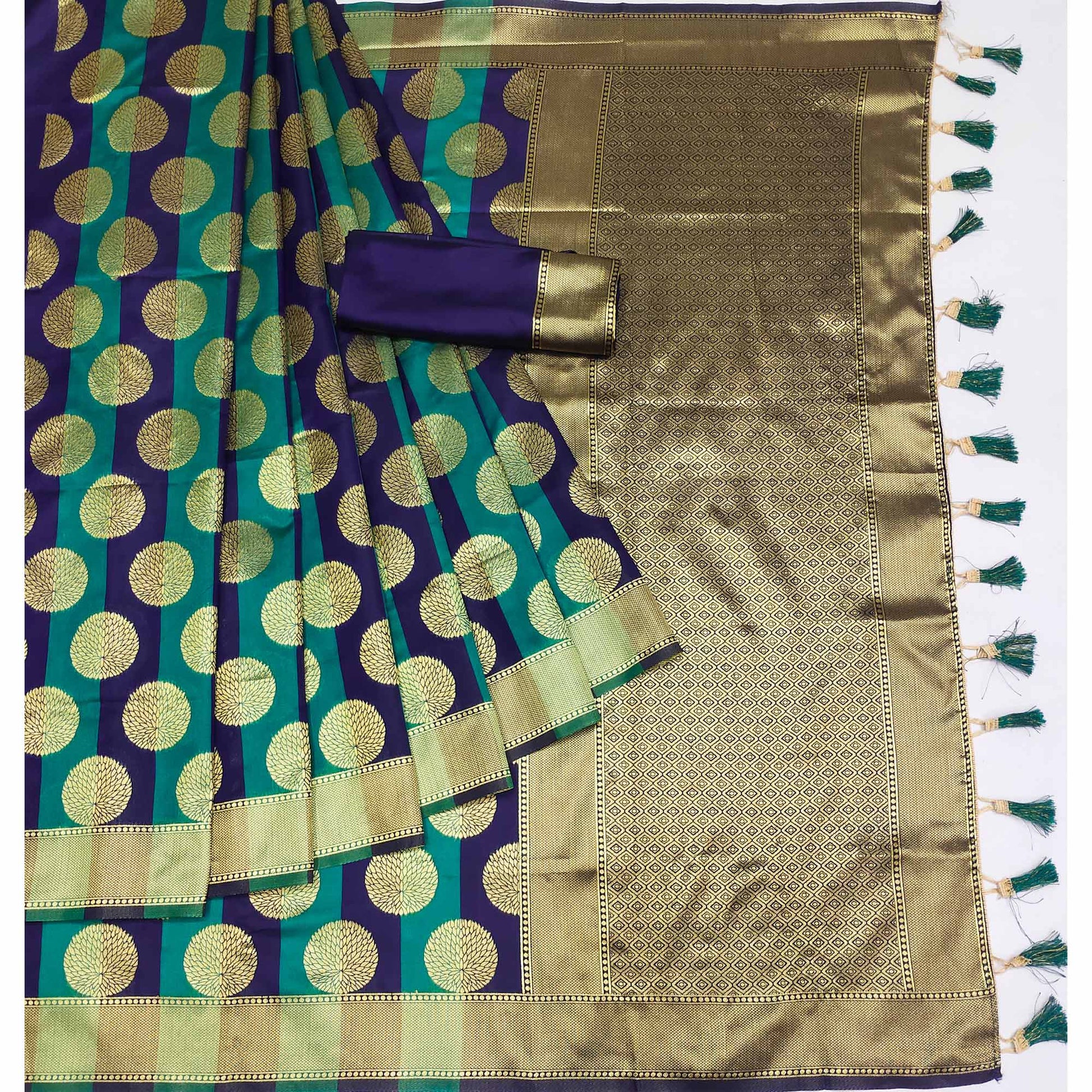 Firozi And Navy Blue Woven Jacquard Saree With Tassels