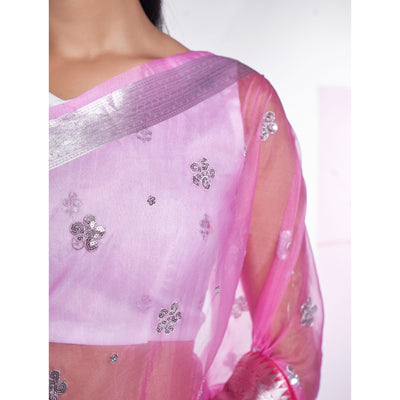 Light Pink Sequins Embroidered Organza Saree