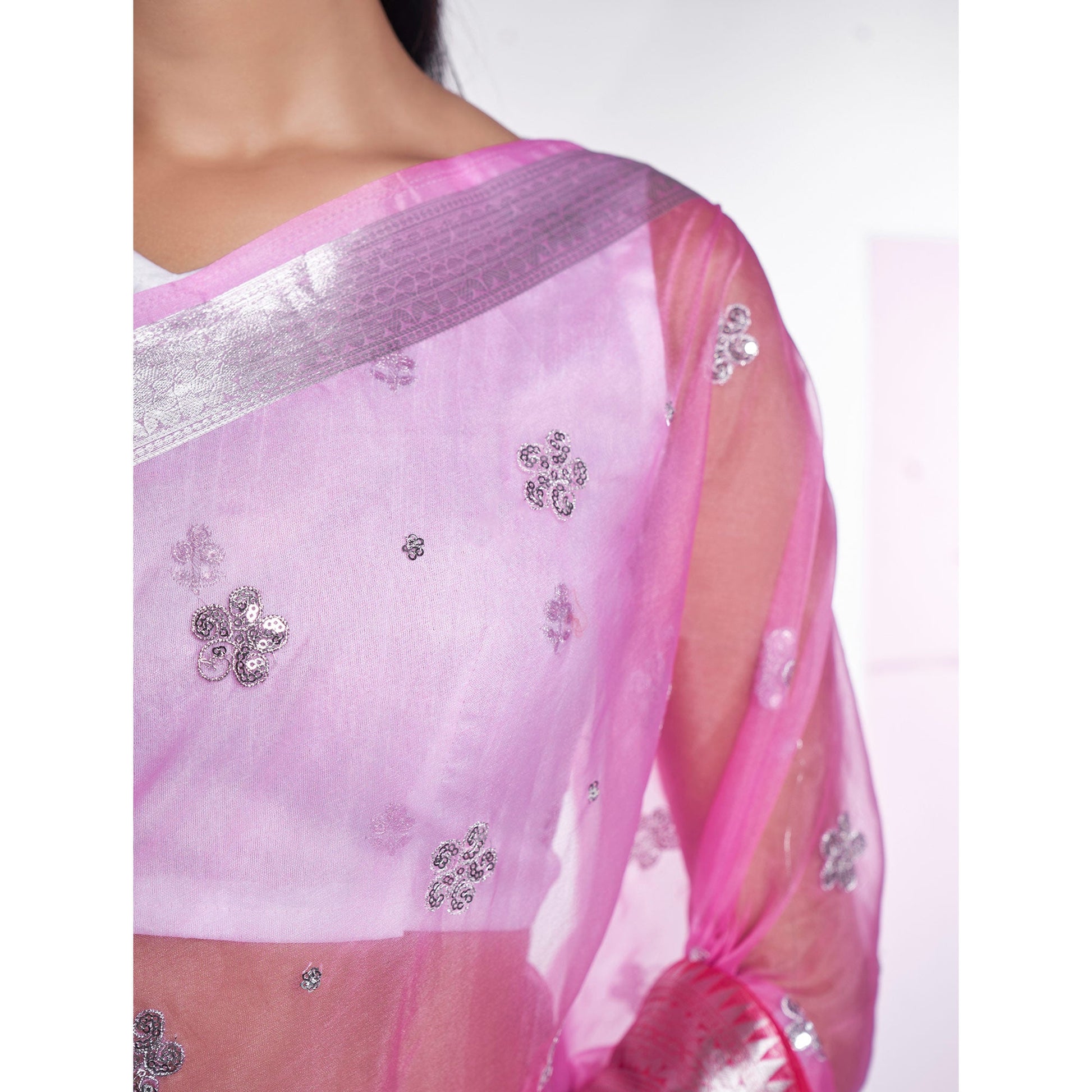Light Pink Sequins Embroidered Organza Saree