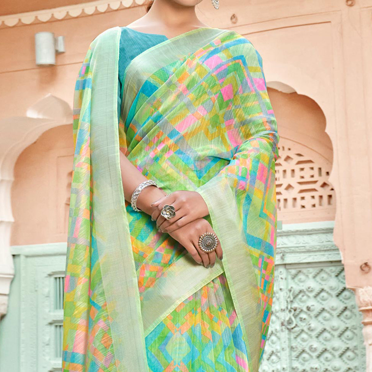 green-printed-poly-cotton-saree
