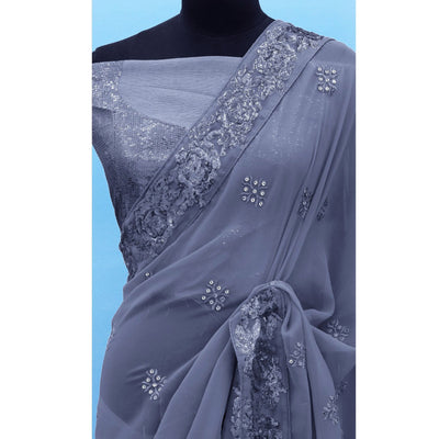 Grey Sequins Emroidered Georgette Saree
