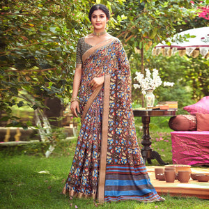 Multicolor Floral Printed With Woven Border Linen Saree