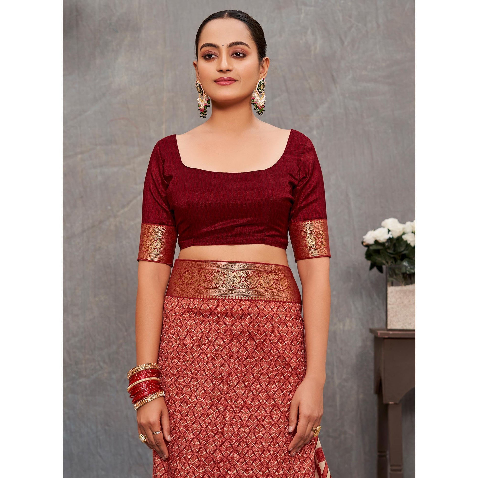 Maroon Printed Tussar Silk Saree