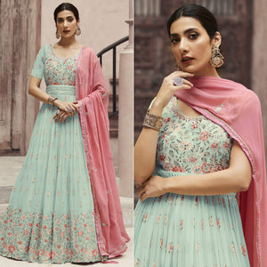 Light Pista Green Sequins Floral Embroidered Georgette Semi Stitched Anarkali Suit