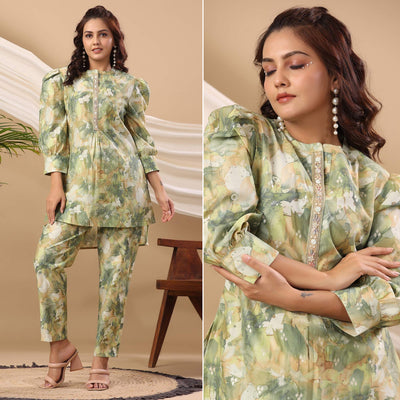 green-floral-printed-cotton-silk-co-ord-set