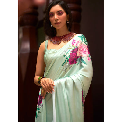 green-floral-digital-printed-satin-saree