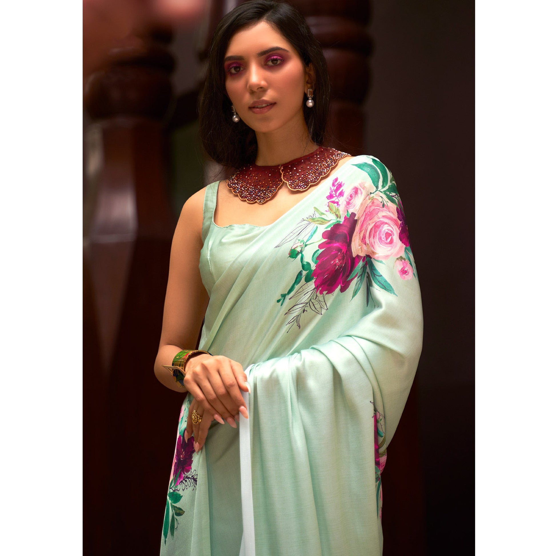 green-floral-digital-printed-satin-saree