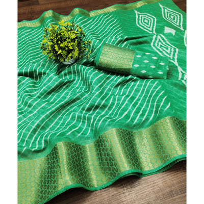 green-striped-printed-linen-saree
