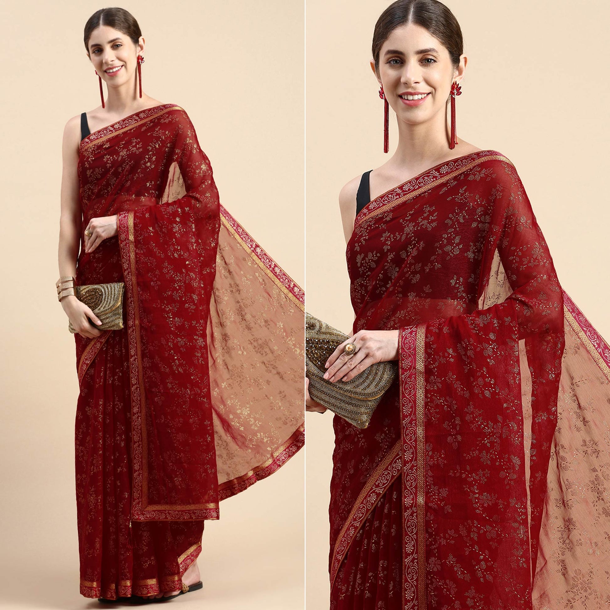 Maroon Floral Foil Printed Shimmer Saree