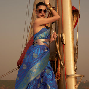 Blue Woven Satin Saree With Tassels