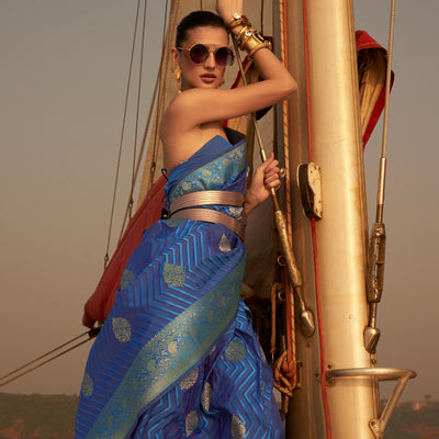 Blue Woven Satin Saree With Tassels