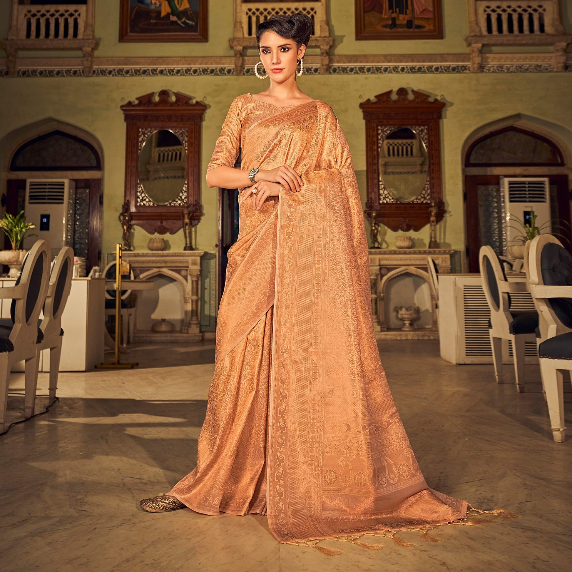 Dark Peach Woven Kanjivaran Satin Saree