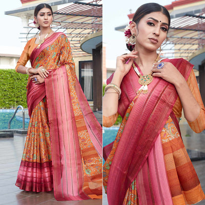 Brown Floral Digital Printed Cotton Blend Saree
