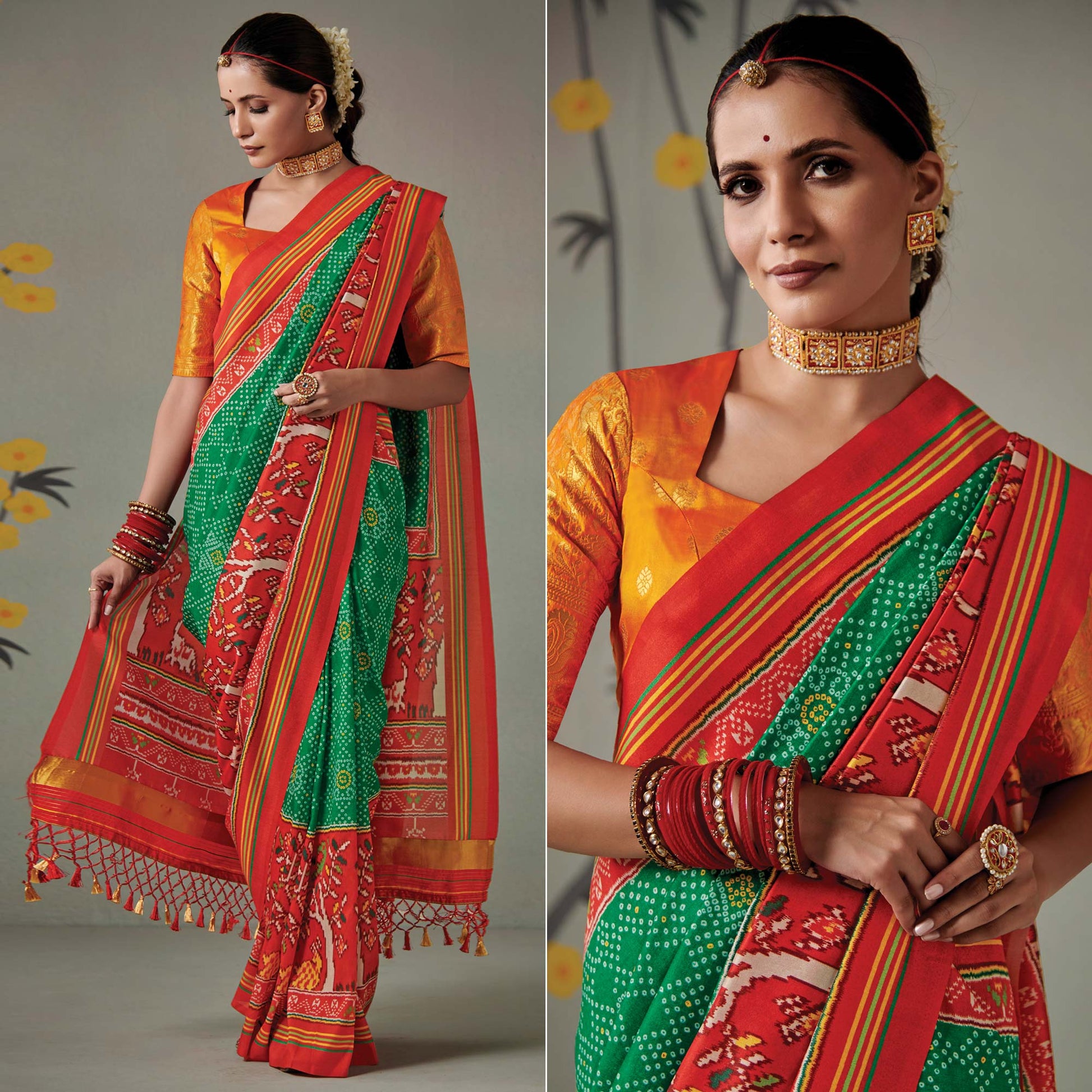 green-printed-patola-art-silk-saree-with-tassels