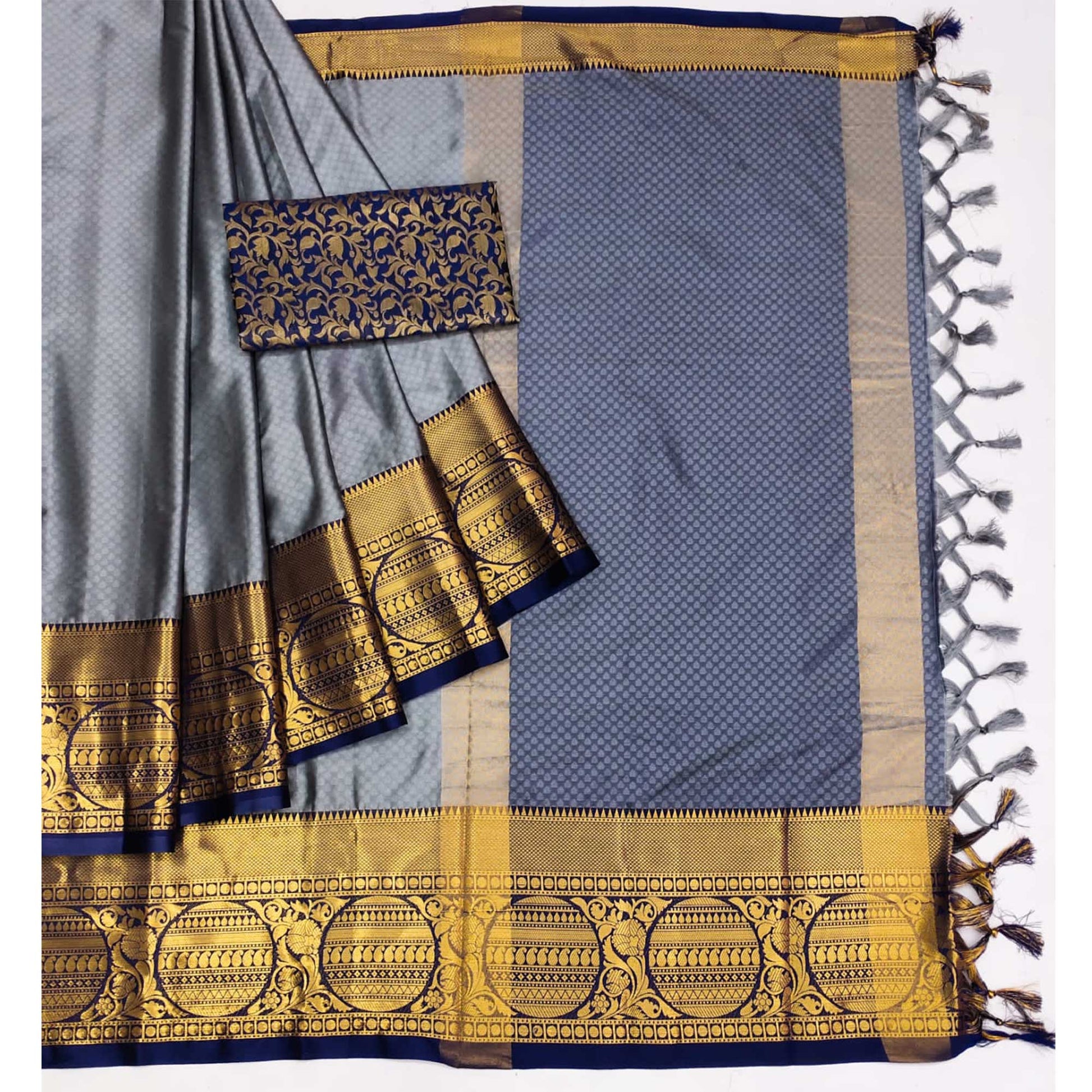 Grey Woven Cotton Silk Saree With Tassels