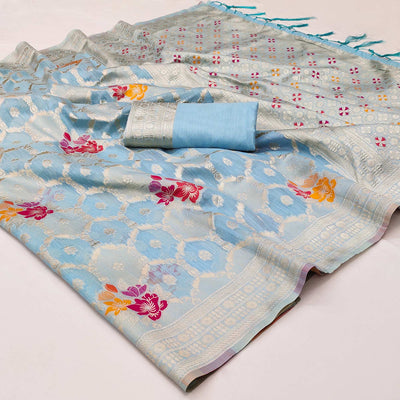 Blue Woven Jacquard Saree With Tassels