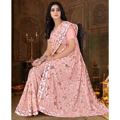 Light Peach Sequins Emroidered Georgette Saree