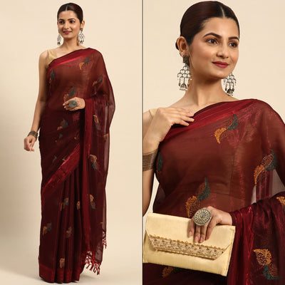 Maroon Swarovski With Embroidery Work Chiffon Saree