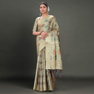 Grey Woven Organza Saree With Tassels