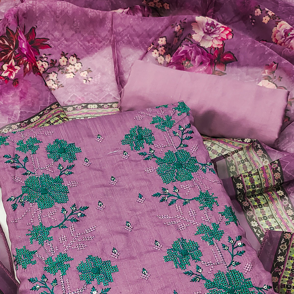 Mauve Floral Sequins Embroidered Art Silk Dress Material