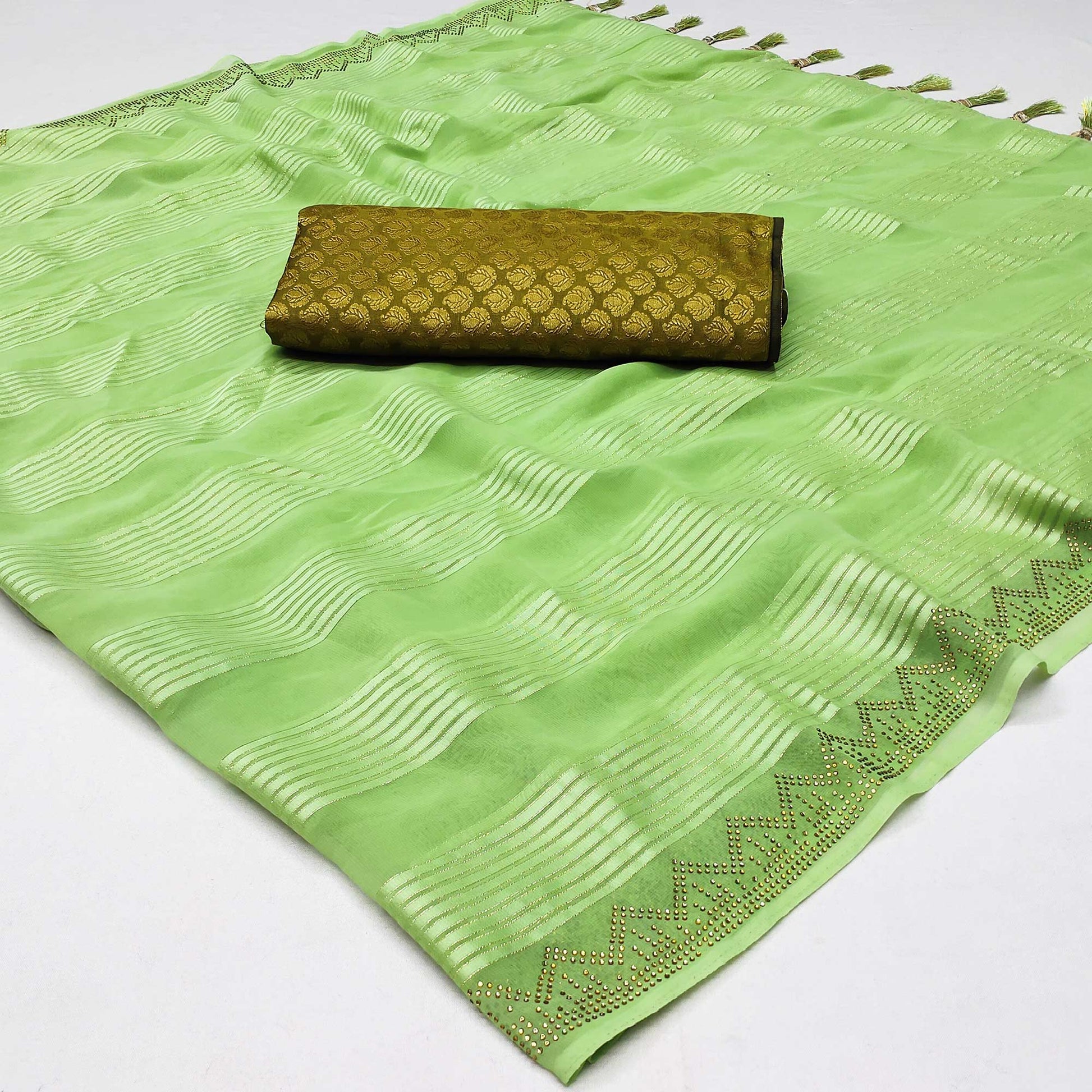 4-green-striped-with-stone-work-georgette-saree